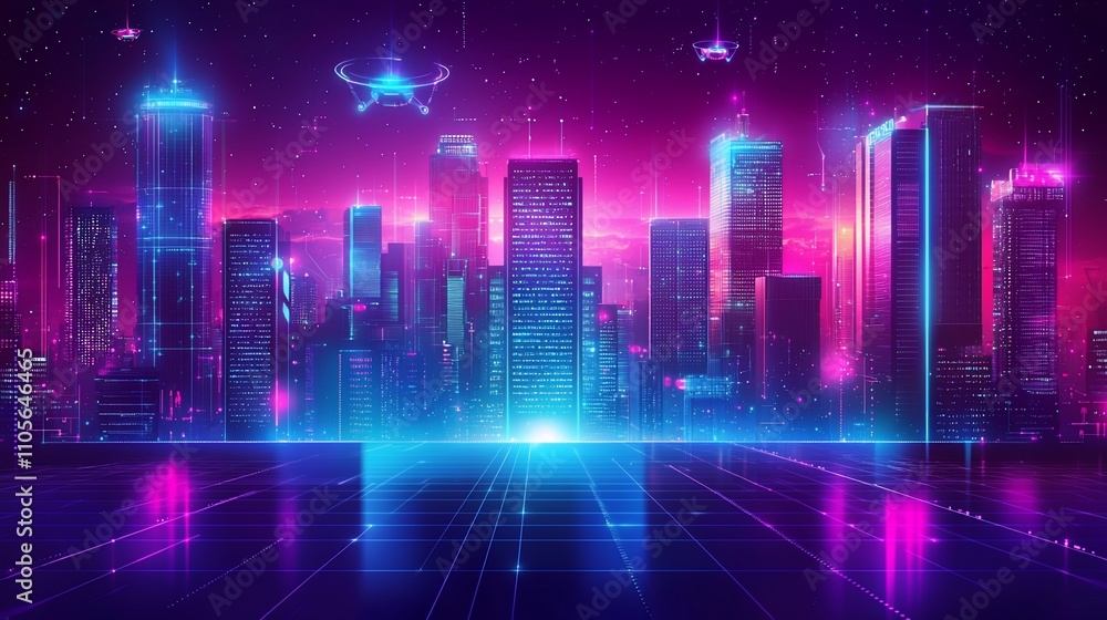 Futuristic cityscape with neon glow, digital overlay, and drones. Futuristic cityscape with neon glow, digital overlay, and drones.