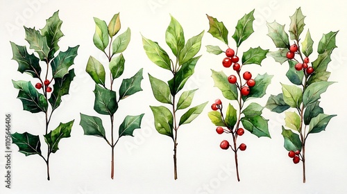 Minimalist Watercolor Holly Leaf and Berry Set on White Background for Festive Design