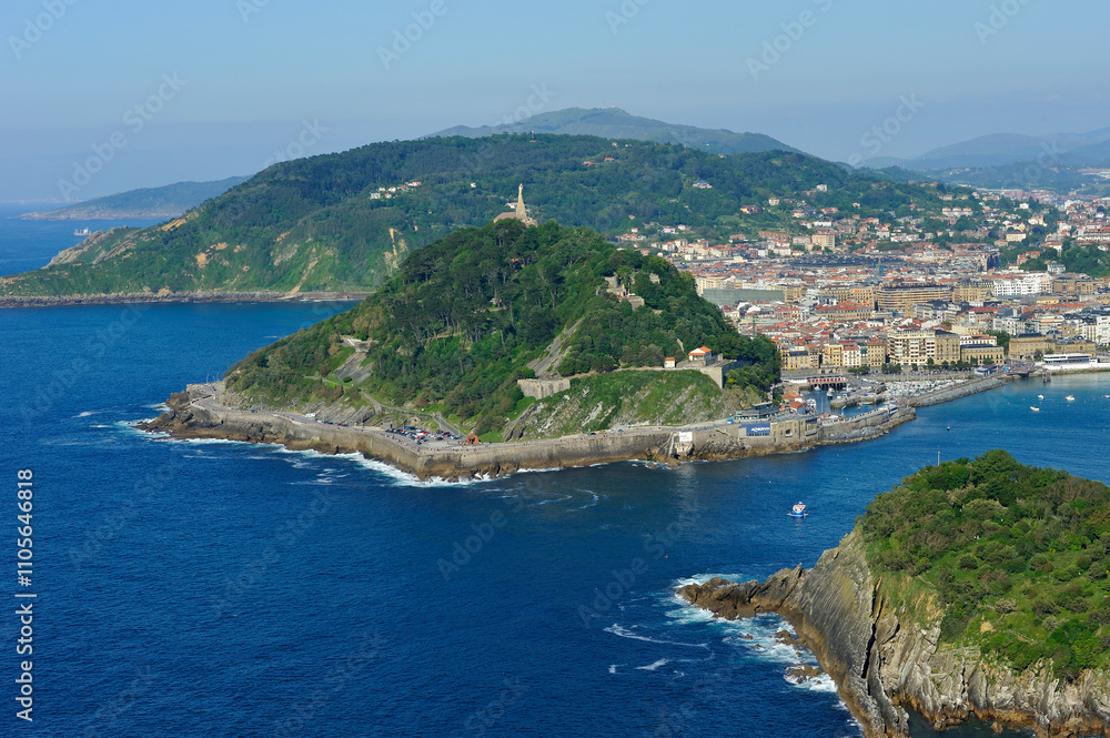 Monte Urgull in La Concha Bay viewed from the Monte Igeldo, San Sebastian, Bay of Biscay, province of Gipuzkoa, Basque Country, Spain Monte Urgull in La Concha Bay viewed from the Monte Igeldo, San Sebastian, Bay of Biscay, province of Gipuzkoa, Basque Country, Spain