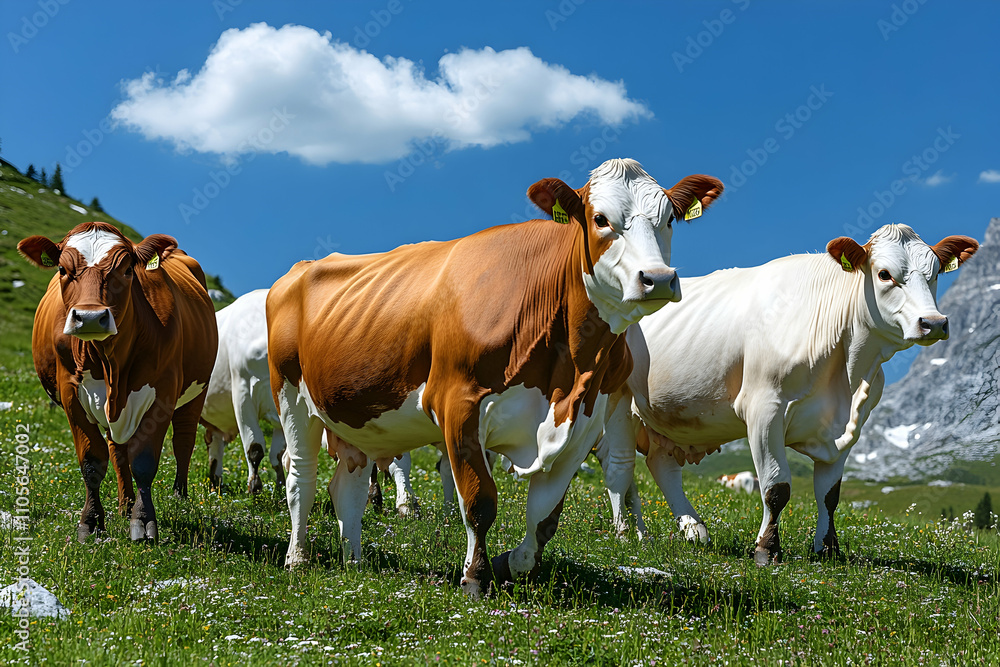 Three cows graze in a lush alpine meadow against a backdrop of majestic mountains under a vibrant blue sky dotted with fluffy white clouds. Three cows graze in a lush alpine meadow against a backdrop of majestic mountains under a vibrant blue sky dotted with fluffy white clouds.
