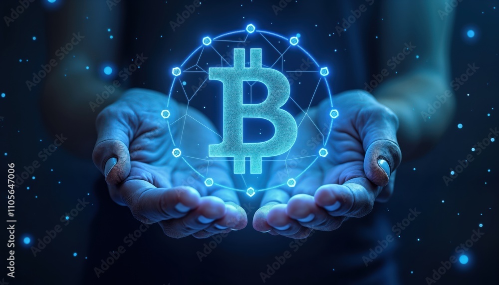Abstract digital hands hold glowing low polywireframe blockchain symbol. Virtual tech interface. Future of global eco. Cryptocurrency innovation. Interactive design concept. Modern business. New