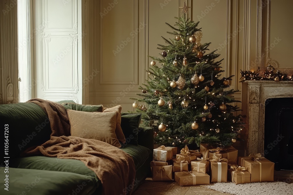 Christmas tree with gifts under it, green sofa, and brown blanket, all in a cozy beige-toned room with festive holiday decorations. Christmas tree with gifts under it, green sofa, and brown blanket, all in a cozy beige-toned room with festive holiday decorations.