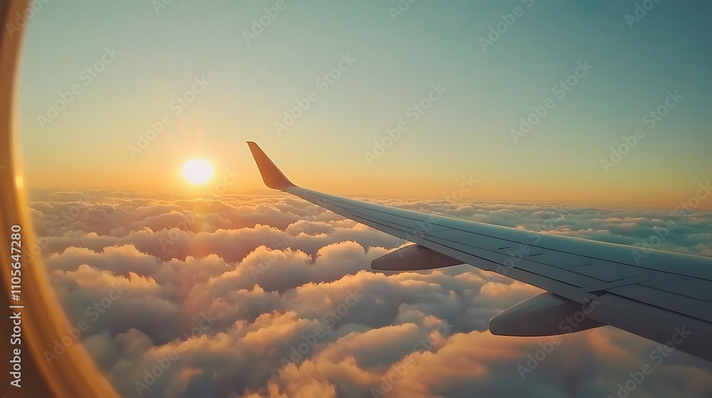 Obraz premium Airplane Wing Above Sunset Cloudscape Scenic Flight