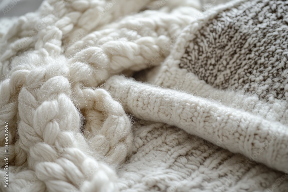 An image of soft, hand-knitted sweaters in creamy white tones. Displaying different knitting patterns, highlighting the yarn's texture and the warmth they offer. An image of soft, hand-knitted sweaters in creamy white tones. Displaying different knitting patterns, highlighting the yarn's texture and the warmth they offer.