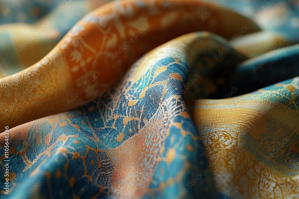A richly textured fabric with intricate blue and gold motifs creating a visual feast of colors and patterns. This artistic piece reflects luxury and cultural richness. A richly textured fabric with intricate blue and gold motifs creating a visual feast of colors and patterns. This artistic piece reflects luxury and cultural richness.