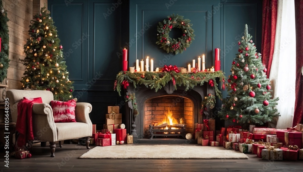 Fototapeta premium Cozy Fireplace with Beautiful Christmas Decorations