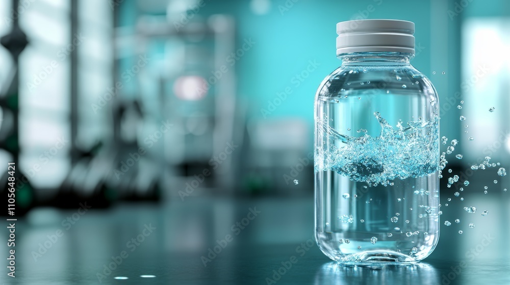 A glass bottle with clear liquid and splashes on a blue surface. A glass bottle with clear liquid and splashes on a blue surface.