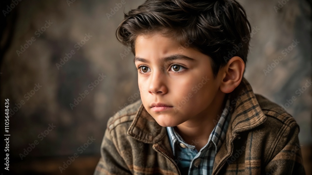 Young boy with serious expression in plaid jacket, contemplative mood, rustic background, copy space Young boy with serious expression in plaid jacket, contemplative mood, rustic background, copy space