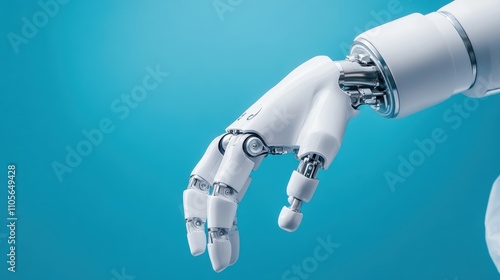 A sleek, robotic hand extends against a blue background, showcasing advanced technology and design in robotics.