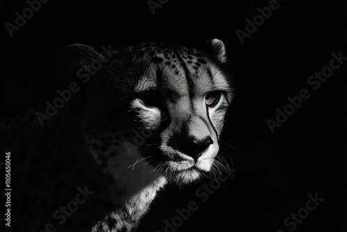 A white and shadowy-cheetah stands out with a captivating gaze, beautifully captured in a play of light and shadow, exhibiting poise and intensity. photo