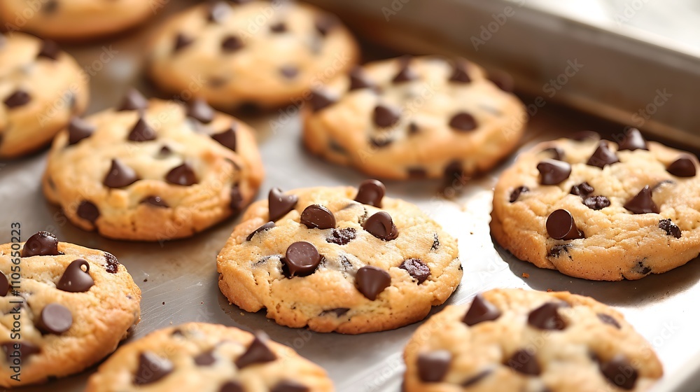Delicious chocolate chip biscuits on a baking sheet Delicious chocolate chip biscuits on a baking sheet