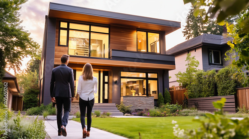 Back view of young couple embracing looking at modern luxury house at sunset, Real Estate and Dream Home Concept