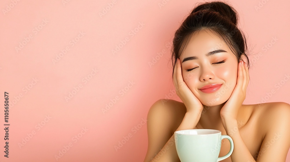 Relaxed woman with a cup of coffee, showing healthy, glowing skin. Relaxed woman with a cup of coffee, showing healthy, glowing skin.