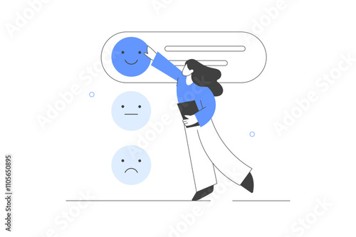 Customer feedback and user experience. Character giving review to customer service operator. Satisfaction rating, choosing emoji and filling survey form. Flat Cartoon Vector Illustration, icon