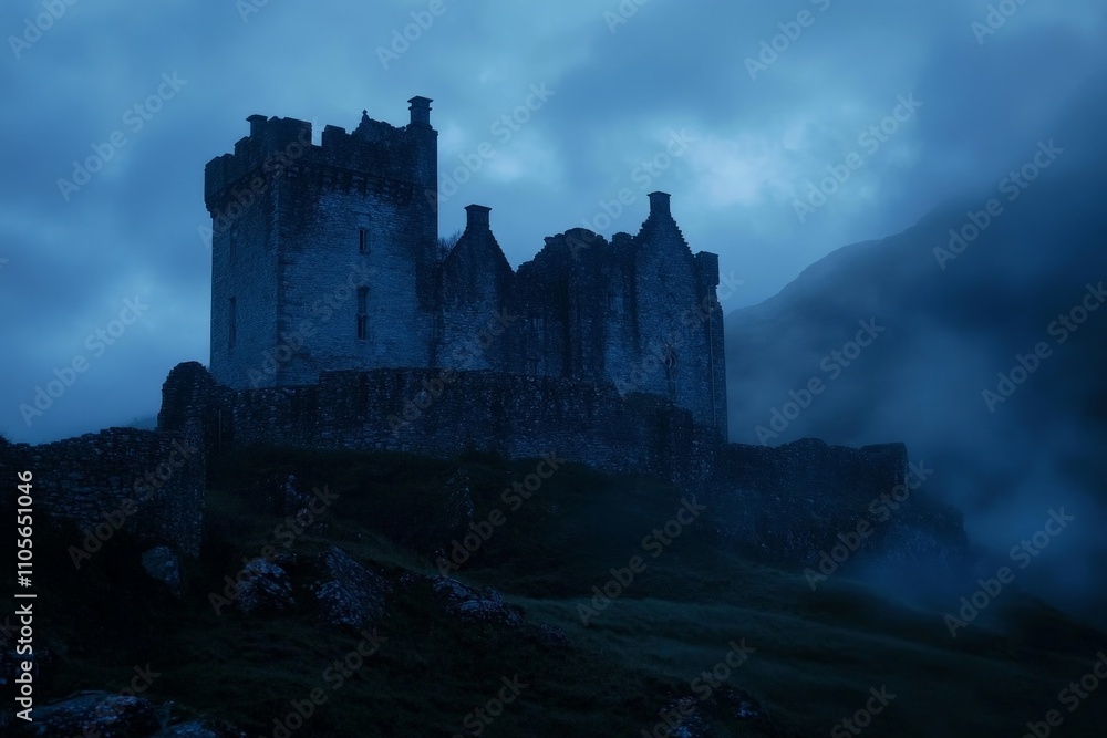 A solitary stone castle stands strong on a hill, shrouded in dense fog all around, under the dim light of dusk, evoking a sense of mystery and intrigue. A solitary stone castle stands strong on a hill, shrouded in dense fog all around, under the dim light of dusk, evoking a sense of mystery and intrigue.