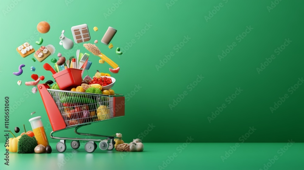 A red shopping cart overflowing with groceries against a green background. A red shopping cart overflowing with groceries against a green background.