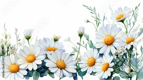 Watercolor Painting of Daisies in Full Bloom, Arranged as a Floral Border on White Background