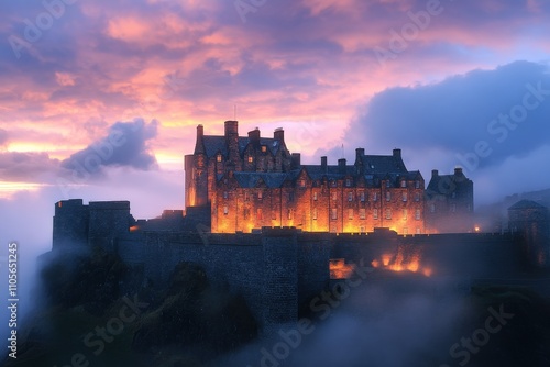 A magnificent castle glows warmly as the brilliant hues of a setting sun enhance the sky, with colorful clouds casting an ethereal glow upon the historic edifice.