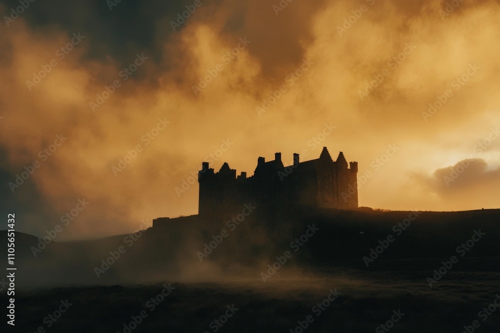 Fototapeta premium A looming silhouette of a castle emerges from the golden mist at sunrise, creating a mystical scene that combines elements of fantasy and romance.