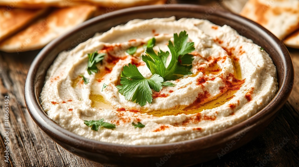 Creamy hummus in a bowl with parsley, paprika, and olive oil on top, with pita bread in the background. Creamy hummus in a bowl with parsley, paprika, and olive oil on top, with pita bread in the background.