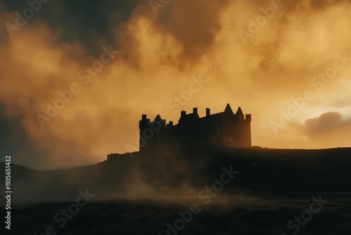 A looming silhouette of a castle emerges from the golden mist at sunrise, creating a mystical scene that combines elements of fantasy and romance. photo