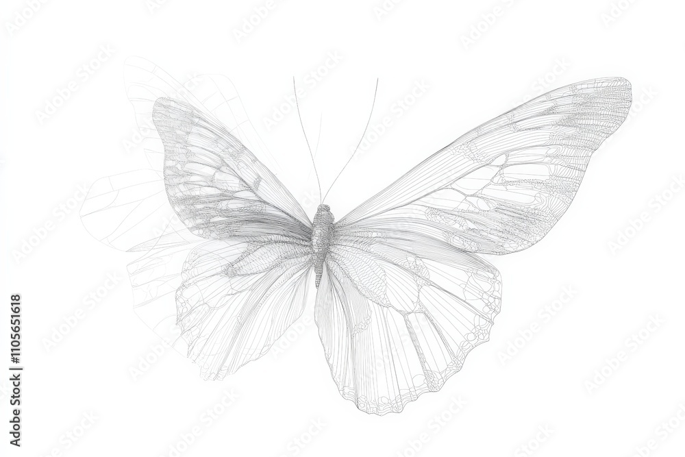 Fototapeta premium A minimalist wireframe butterfly against a pure light background, embodying fragility, transformation, and the beauty of delicate, fleeting life in simplicity.