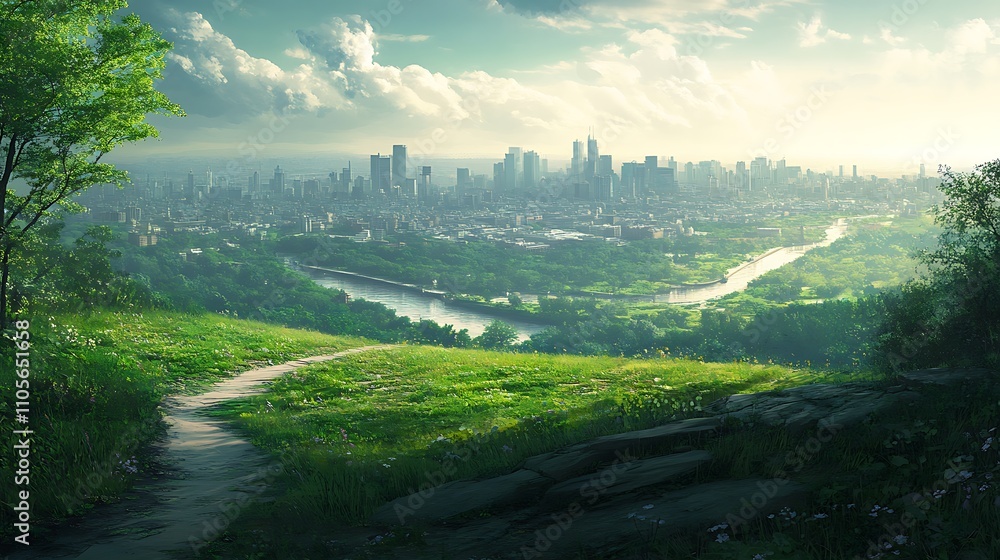 Obraz premium Serene Cityscape Viewed From Lush Green Hilltop
