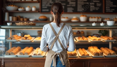Young Baker in Apron Standing in Front of Bakery Display