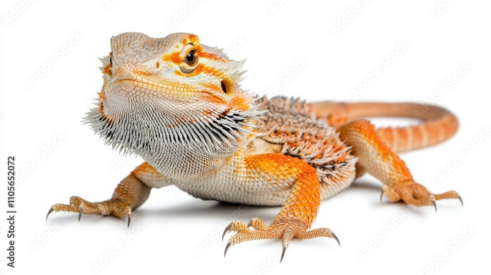 Obraz premium Close up of Adorable Bearded Dragon Lizard in Terrarium against White Background