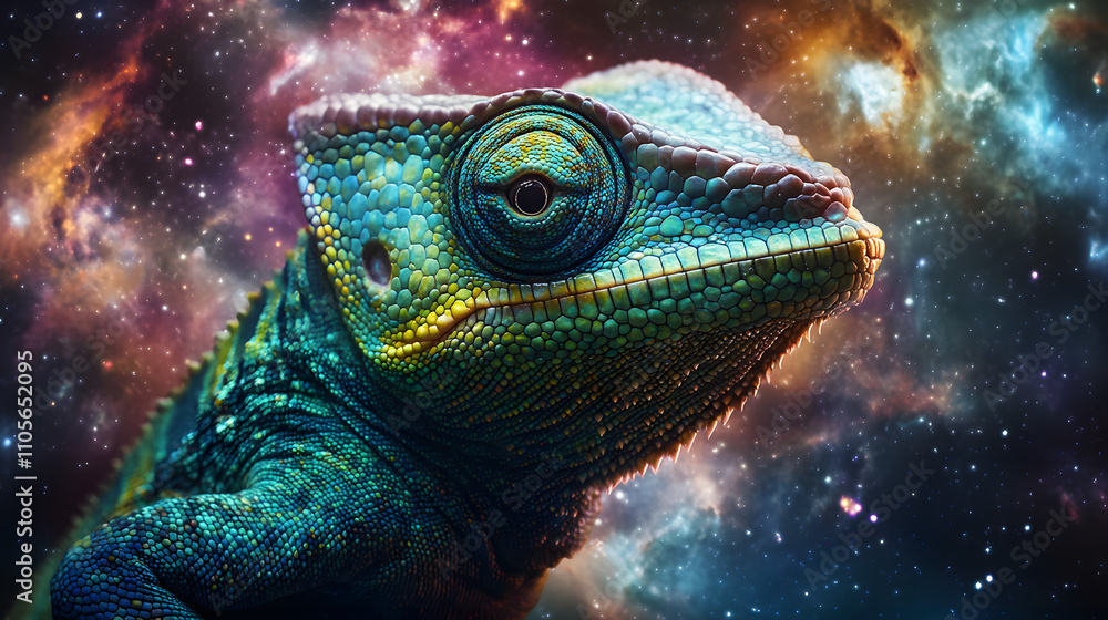 Adaptability: A Radiant Chameleon Harmonizing in a Mesmerizing Cosmic Landscape of Swirling Galaxies. Adaptability: A Radiant Chameleon Harmonizing in a Mesmerizing Cosmic Landscape of Swirling Galaxies.