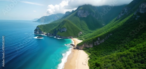 Scenic aerial view of rich green mountains meeting beautiful sandy beach. Turquoise blue ocean water laps gently at shore. Relaxing vacation destination. Tourists enjoy nature. Landscape shows