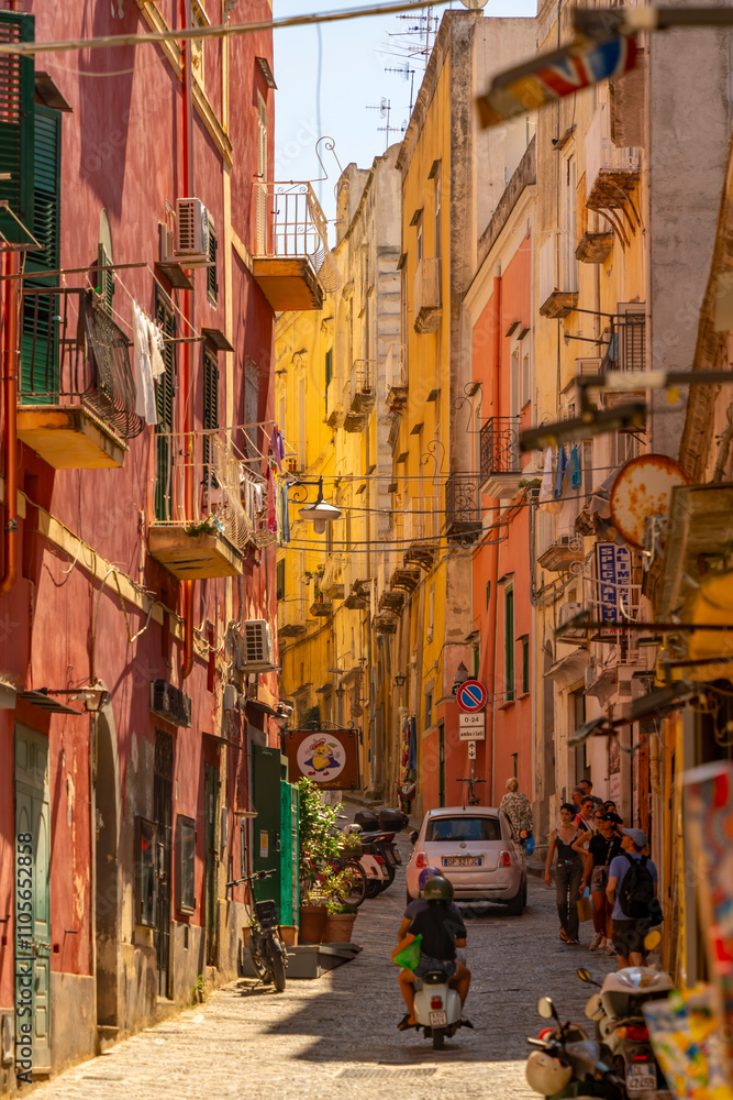 View of colourful narrow backstreet in the fishing port, Procida, Phlegraean Islands, Gulf of Naples, Campania, Southern Italy, Italy