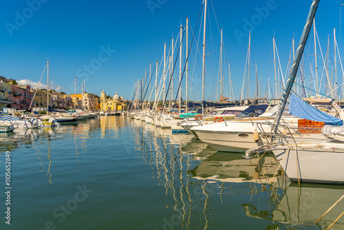 View of Church of Santa Maria della Pieta in the fishing port Marina Grande with boats, Procida, Phlegraean Islands, Gulf of Naples, Campania, Southern Italy, Italy photo