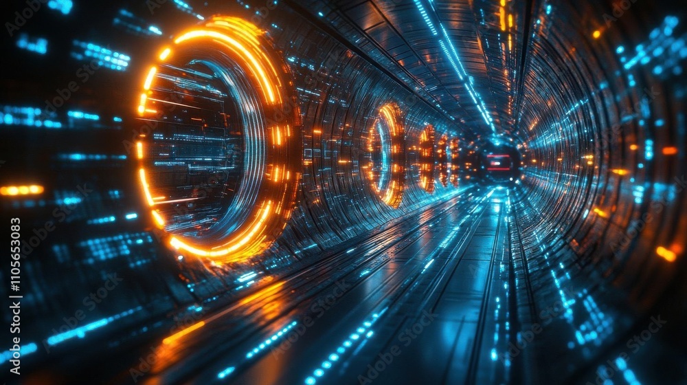 Fototapeta premium Futuristic holographic displays with glowing cyan lines, metallic reflections, and dynamic lighting