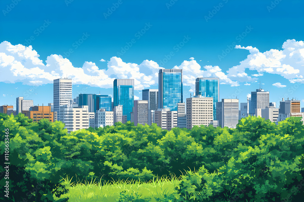 Urban Skyline Illustration. Cityscape with Lush Green Trees Urban Skyline Illustration. Cityscape with Lush Green Trees