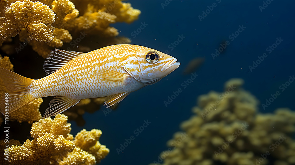 Yellow Fish Swims Near Coral Reef Underwater Yellow Fish Swims Near Coral Reef Underwater