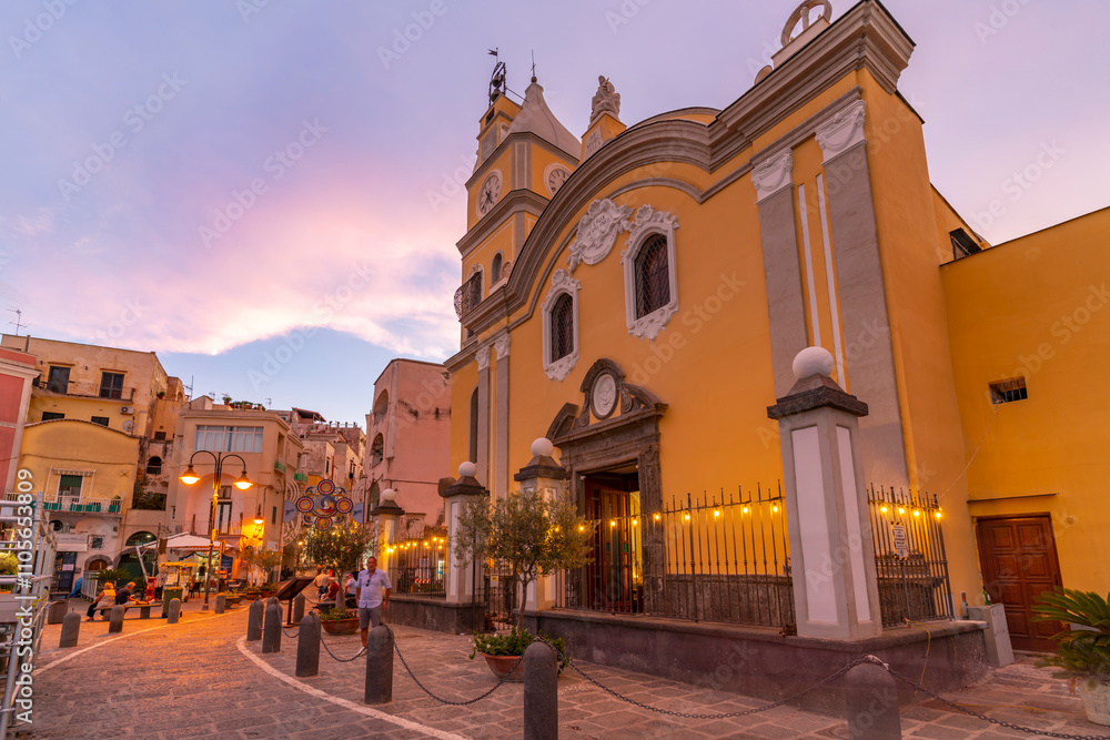 View of Church of Santa Maria della Pieta at dusk, Procida, Phlegraean Islands, Gulf of Naples, Campania, Southern Italy, Italy View of Church of Santa Maria della Pieta at dusk, Procida, Phlegraean Islands, Gulf of Naples, Campania, Southern Italy, Italy