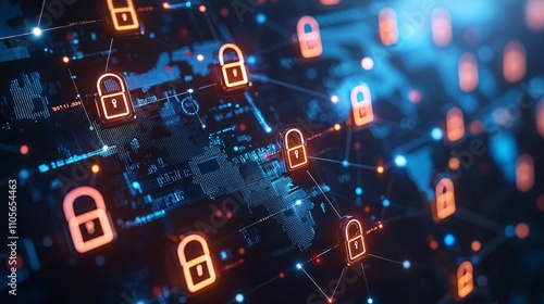 A global business visualization secured by cybersecurity solutions and data encryption Stock Photo with side copy space