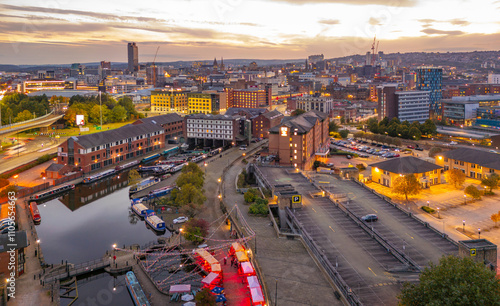 Aerial view of Victoria Quays and Sheffield city skyline at dusk, Sheffield, South Yorkshire, England, United Kingdom photo