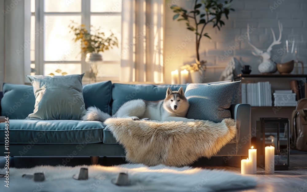 Relaxing living room with Siberian husky dog in cozy blue sofa and beige fur throw, candle lighting decor on room