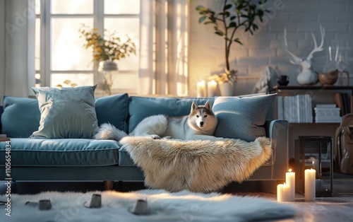 Relaxing living room with Siberian husky dog in cozy blue sofa and beige fur throw, candle lighting decor on room