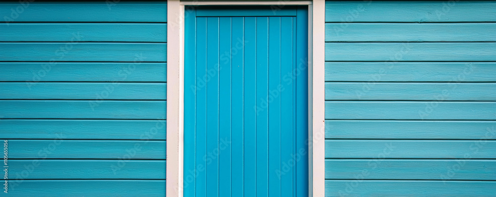 Fototapeta premium A vibrant, turquoise door framed by a wooden wall, showcasing a contemporary and inviting aesthetic in a coastal or beach-inspired setting.