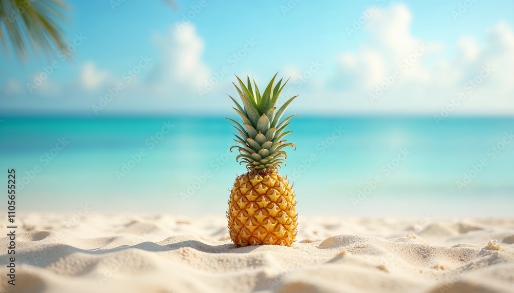 Tropical Pineapple on Sandy Beach with Clear Blue Sky Tropical Pineapple on Sandy Beach with Clear Blue Sky
