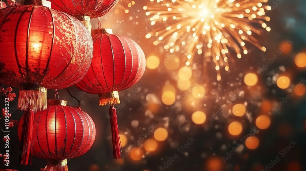 Chinese traditional festival red lanterns and fireworks blooming festive background Chinese traditional festival red lanterns and fireworks blooming festive background