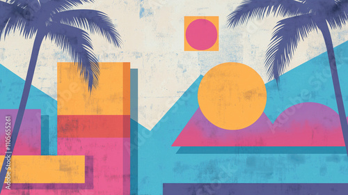 Vibrant and colorful 80s Miami Style Graffiti background with Palms, bold geometric shapes and Copy Space.	