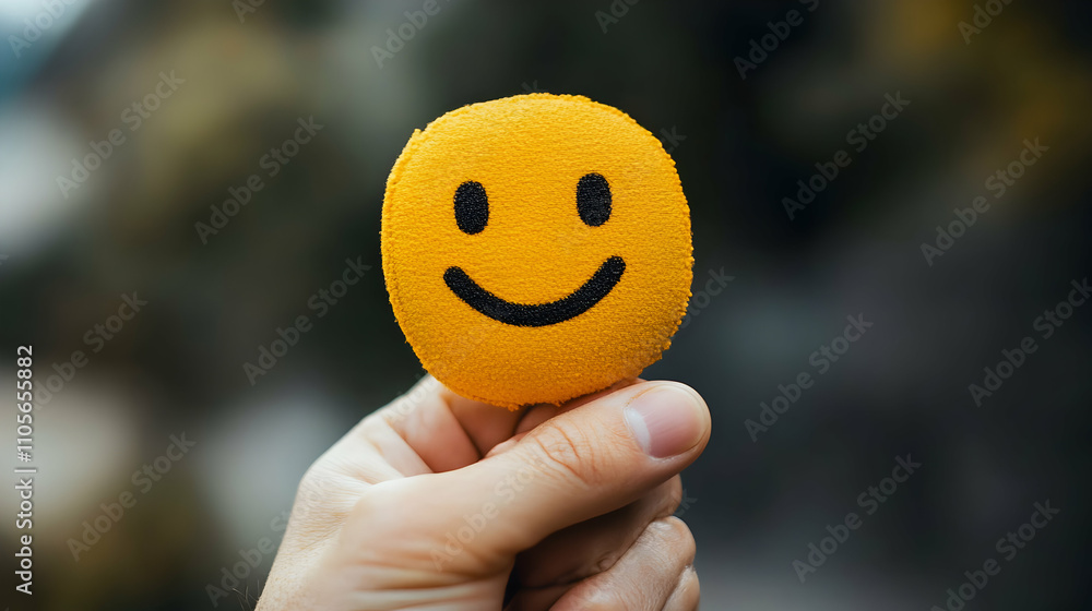 Hand Holds a Yellow Smiley Plush Toy Outdoors Hand Holds a Yellow Smiley Plush Toy Outdoors