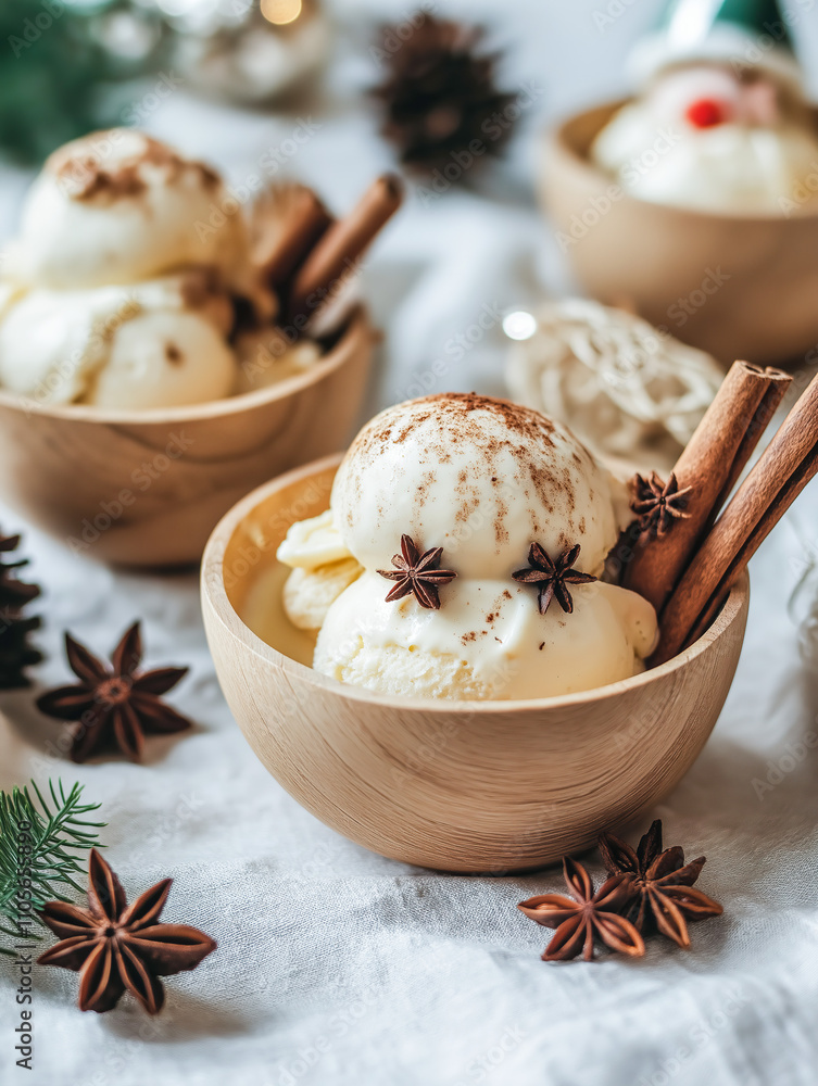 Fototapeta premium Rustic Wooden Bowls Filled with Eggnog Ice Cream Scoops, Adorned with Cinnamon Sticks and Star Anise, Arranged on a Linen Tablecloth Surrounded by Scandinavian Christmas Decor