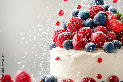 Birthday cake, A beautifully decorated cake topped with fresh raspberries, blueberries, and a dusting of powdered sugar, creating a visually appealing dessert.