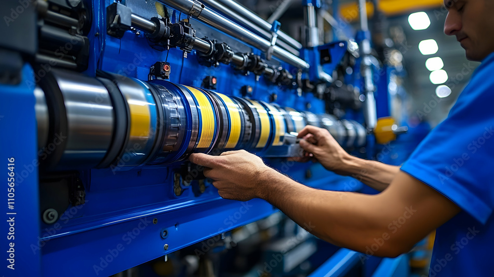 Worker Adjusting Industrial Winding Machine with Yellow Thread Reels in Factory Setting Worker Adjusting Industrial Winding Machine with Yellow Thread Reels in Factory Setting