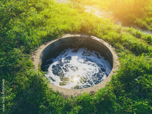 large circular sewer outlet surrounded by lush green grass, with bubbling wastewater flowing out. sunlight creates warm glow, enhancing natural beauty of scene photo